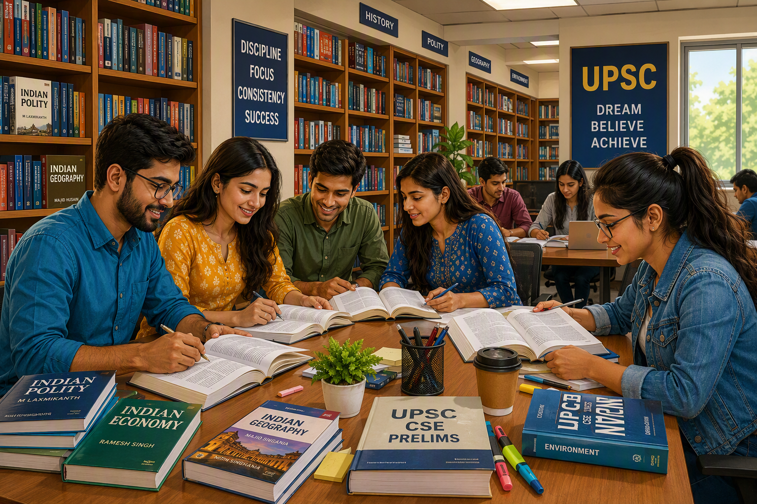 Group studying UPSC books library