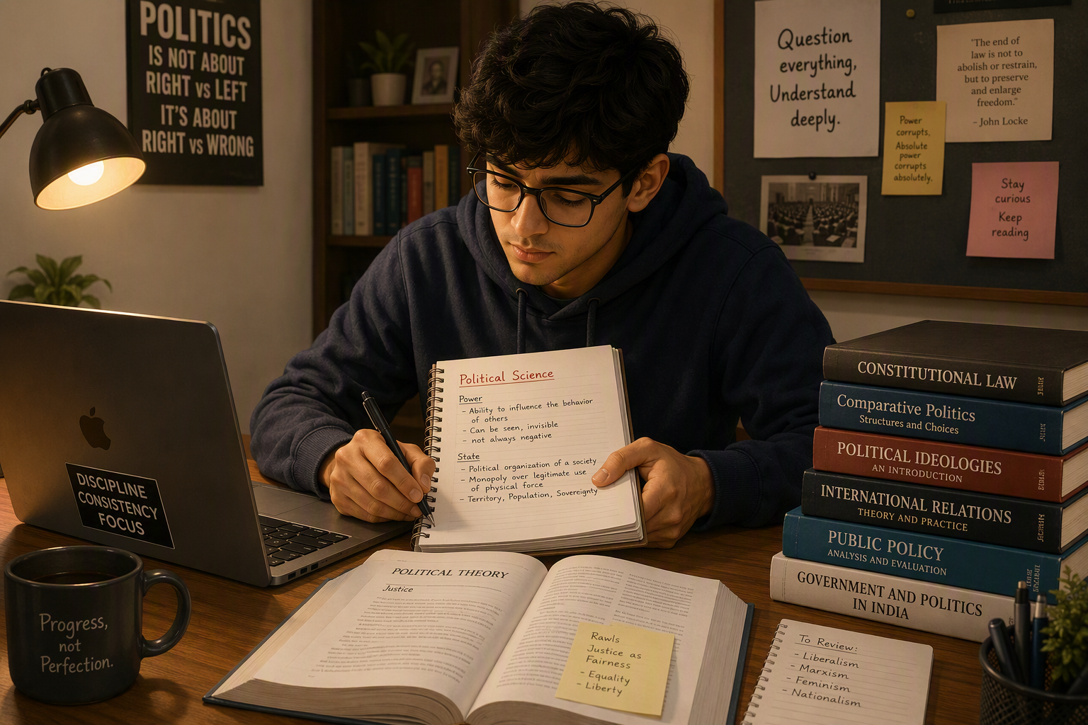Student studying political science topics.