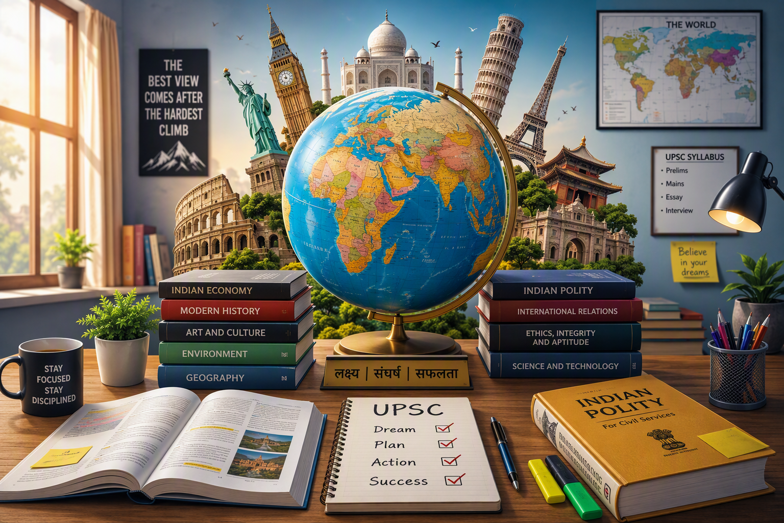 Globe with books and landmarks