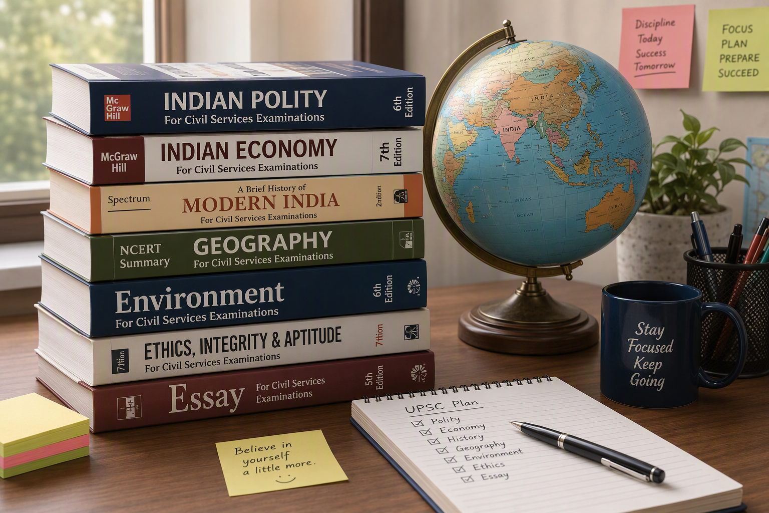 UPSC books, globe, and notepad on desk